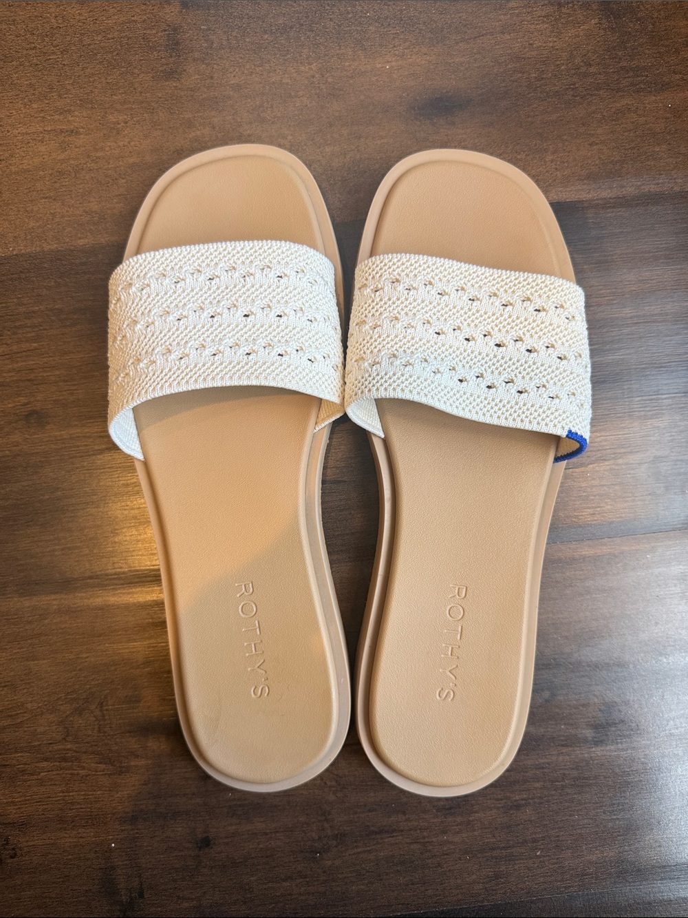 Rothy's Cream and Tan Woven Slide Sandals